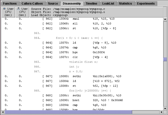 Disassembly tab showing source lines interleaved with disassembly lines.