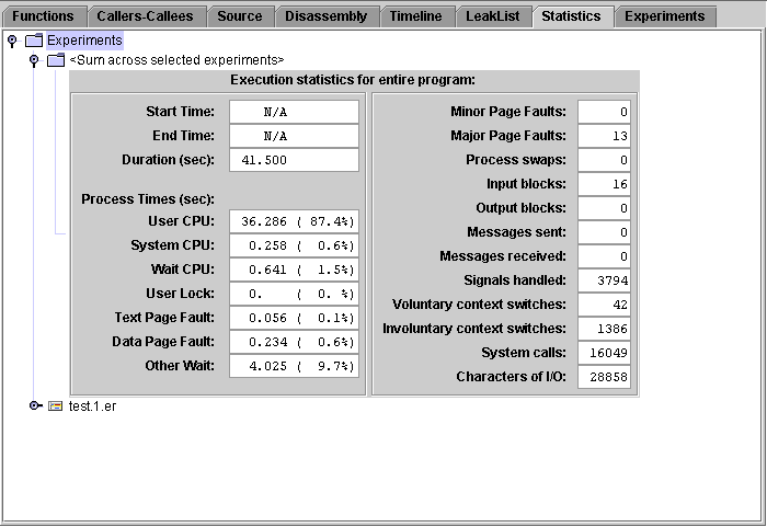 Statistics tab showing statistics summed across selected experiments