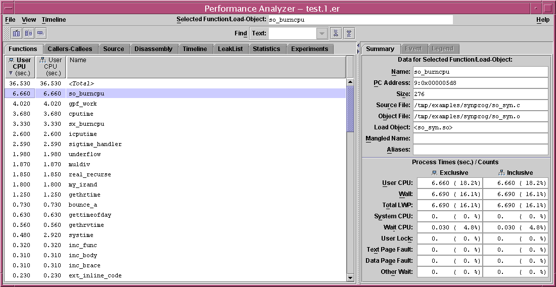 Performance Analyzer window showing the layout of the window.