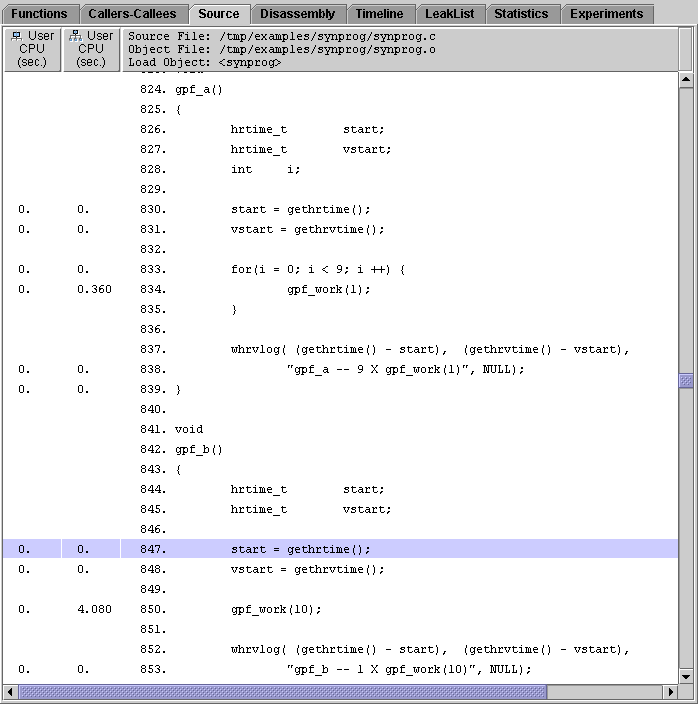 Source tab showing source code for functions gpf_a and gpf_b.