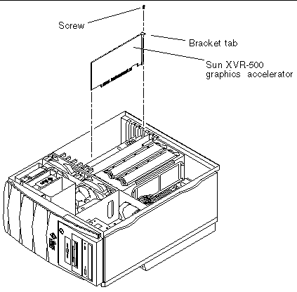 Figure showing the Sun XVR-500 graphics accelerator and the system interior chassis.