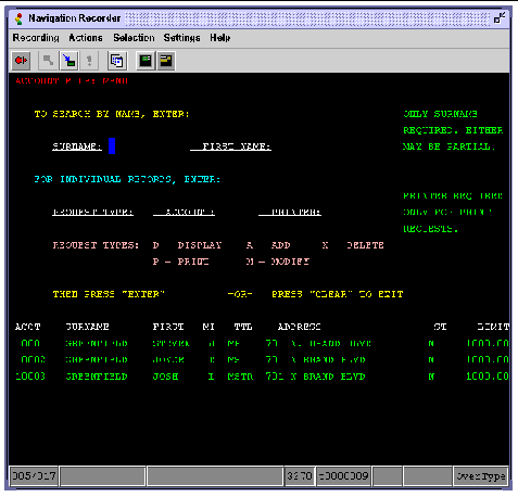 Screen shot showing the Navigation Recorder window.