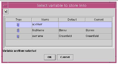 Screen shot showing the dialog box where you can select a variable to store.