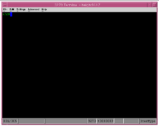 Screen shot showing that the ACCT transaction was entered on the emulator screen.