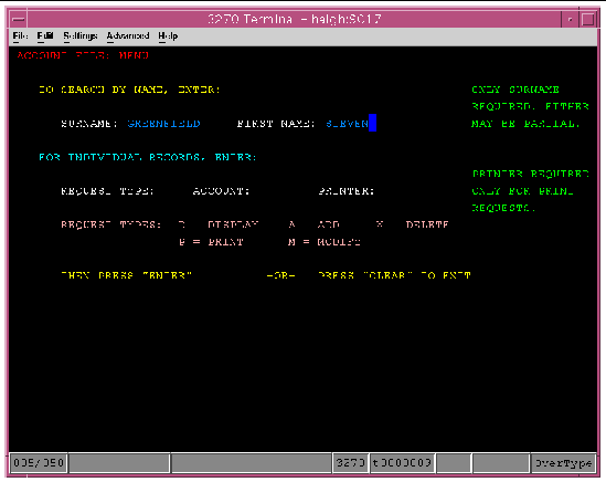 Screen shot showing the emulator screen displaying the ACCT transaction's data entry screen.Values are entered for the surname and first name fields.