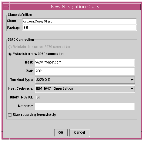 Screen shot showing the New Navigation Class window.