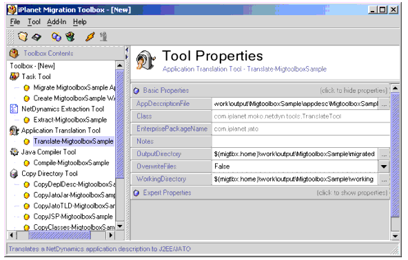 Figure shows the properties of the NetDynamics Application Translation Tool.
