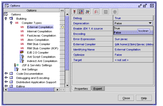 Figure shows how to set the deprecation flag in Forte for Java 4.
