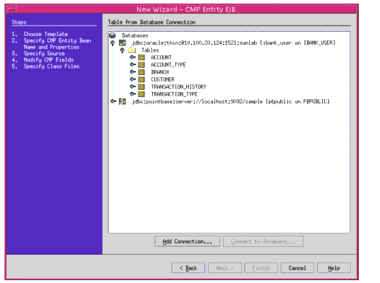Figure shows a wizard to choose and map a database table to CMP Entity bean fields in Sun ONE Studio.
