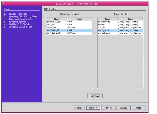 Figure shows the mapping between database table fields and CMP Entity bean fields in Sun ONE Studio.
