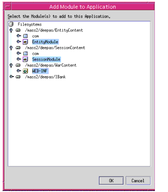 Figure shows how to create a application in Sun ONE Studio and add EJB, Session and WEB modules to the application.
