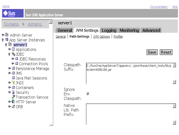 Figure shows the JVM path settings used to add the CLASSPATH suffix.

