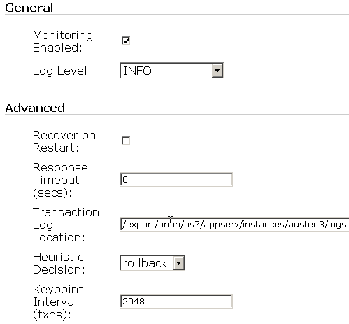 Figure shows the configurable Advanced Service options for the Java Transaction Services.
