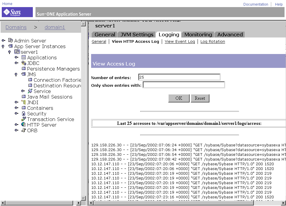 Figure shows the View Access Log for the Application Server instance.
