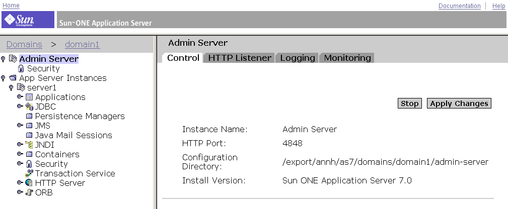 This screen capture shows the Admin Server Control page. Click Apply Changes for any Admin Server-wide changes.
