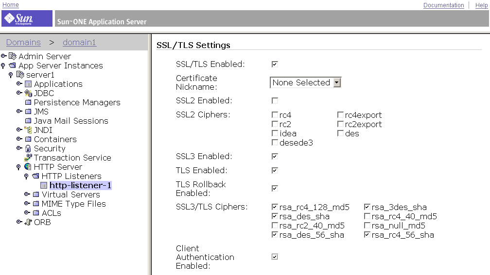This screen capture shows the HTTP Listeners setup page for a server instance. 
