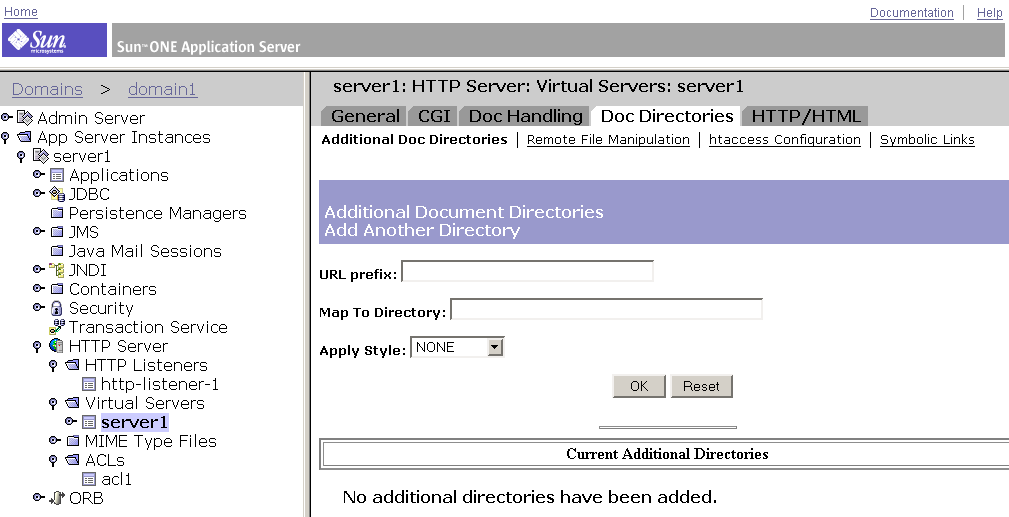 This screen capture shows the Additional Document Directories for the virtual server instance.

