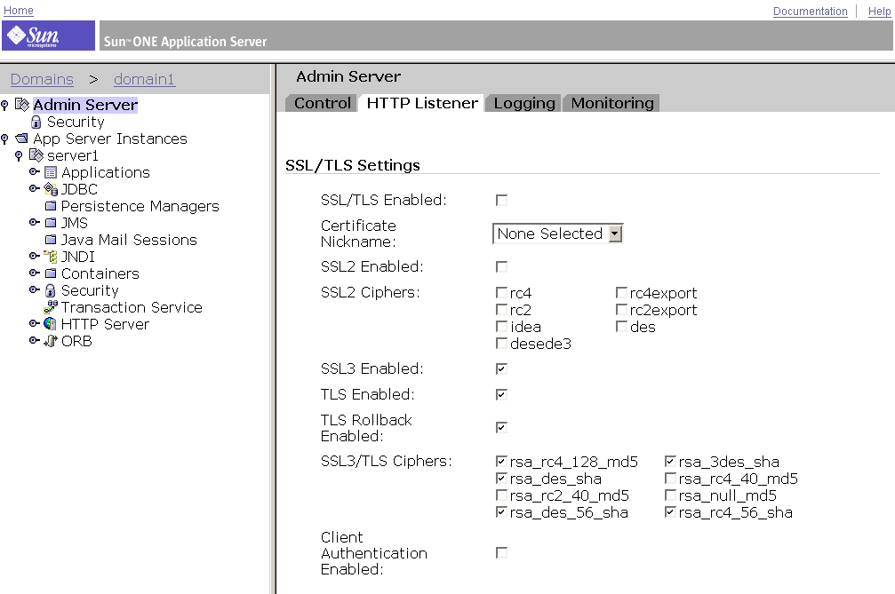 This screen capture shows the HTTP Listeners setup page for the Admin Server. 
