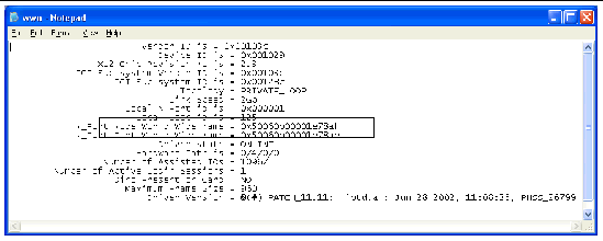 Screen capture showing the output of the fcmsutil command, including the HBA's worldwide name.