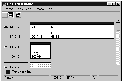 Screen capture showing the Disk Administrator window with the new disk format information displayed.