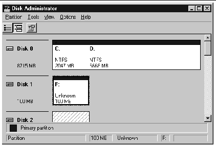 Screen capture showing the Disk Administrator window with the new formatted partition showing an Unknown file system.