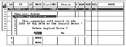 Screen capture shows the warning notice, "This operation will result in the LOSS OF ALL DATA on the logical Drive!" with "Yes" selected.