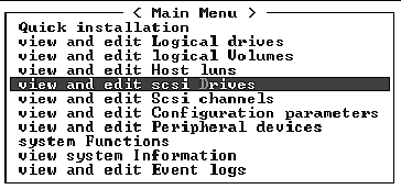 Screen capture shows "view and edit scsi Drives" selected on the Main Menu.