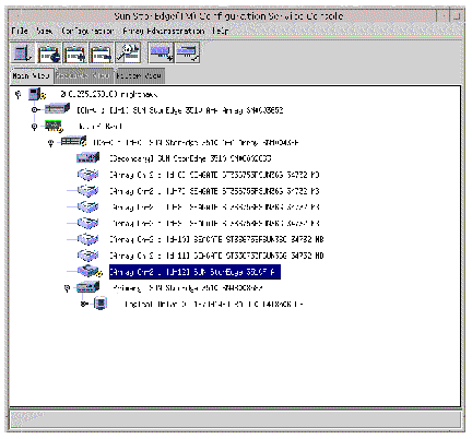 Screen capture of Sun StorEdge Configuration Service main window showing a degraded device symbol.