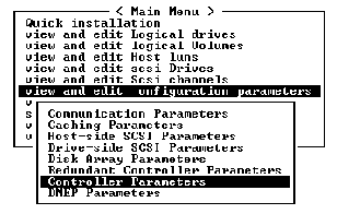 Screen capture showing main menu with view and edit Configuration parameters selected and sub menu with Controller Parameters selected.