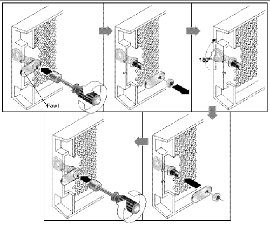 Figure displaying the sequence of steps to change the front bezel locks so keys cannot be removed.