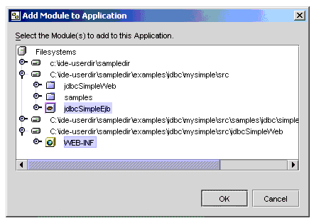 Screen shot of Add Module to Application window,  showing jdbcSimpleEjb and WEB-INF selected in the Select the Module(s) to add to this Application dialog
