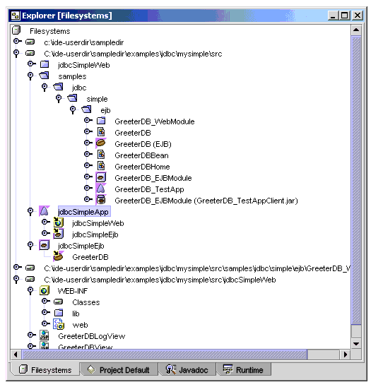 Filesystem window showing jdbcSimpleWeb and jdbcSimpleEjb under the jdbcSimpleApp node
