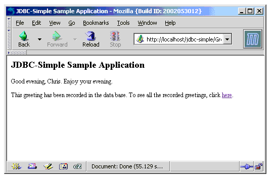 Screen shot of JDBC-Simple Sample Application\xd5 s greeting page reflecting user name entered
