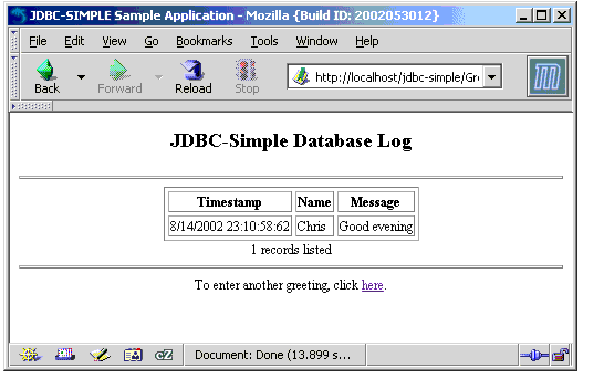 Screen shot showing JDBC-Simple Database Log display
