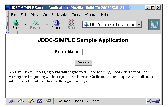 Screen shot of JBDC-SIMPLE Sample Application  start page for user name entry
