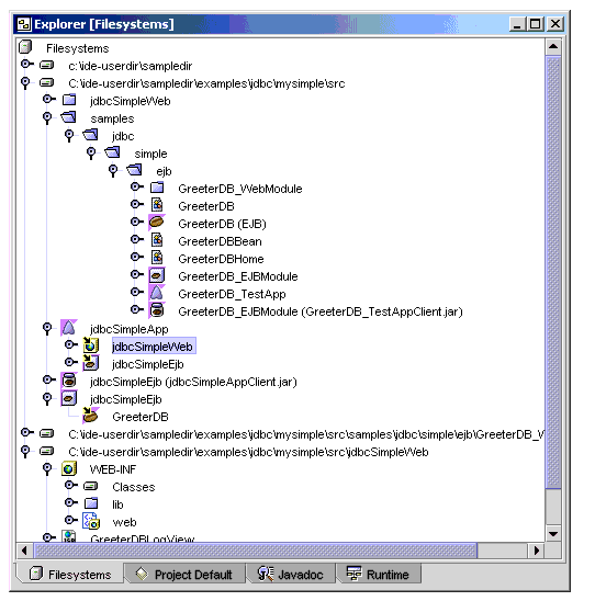 Filesystems sheet show jdbcSimpleWeb highlighted under the jdbcSimpleApp node
