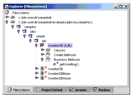 Screen shot showing GreeterDB(EJB) under ejb,  GreeterDB(EJB),  Business Methods folder of Filesystems window
