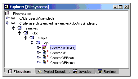 Screen shot showing GreeterDB(EJB) under ejb in Filesystems window
