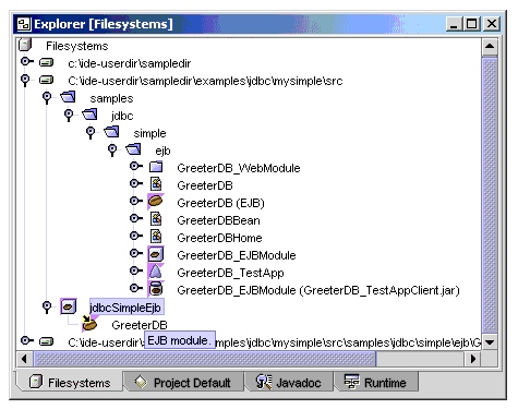 Screen shot of Filesystems window with jdbcSimpleEjb node expanded 
