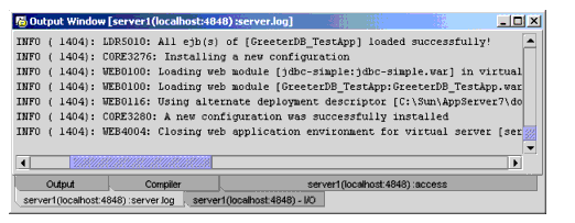 Screen shot of server1(localhost:4848):server.log window showing output messages
