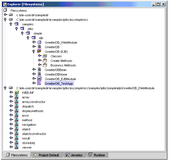 Screen shot of Filesystems window, showing GreeterDB_TestApp highlighted in ejb folder
