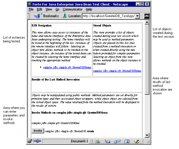 Screen shot of test client in browser window: List of instances being tested; list of objects created during the test session; area where results of last method invocation are shown; and area where you can enter parameters and invoke methods
