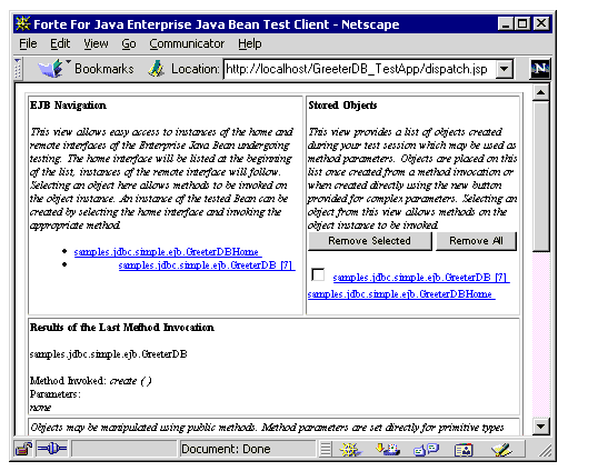 Browser window for test client showing EJB Navigation area, Stored Objects area, and Results of Last Method Invocation area - method invoked create()
