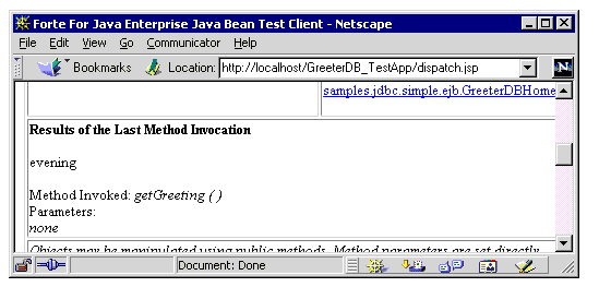 Test Client browser window showing Results area, method invoked: getGreeting()
