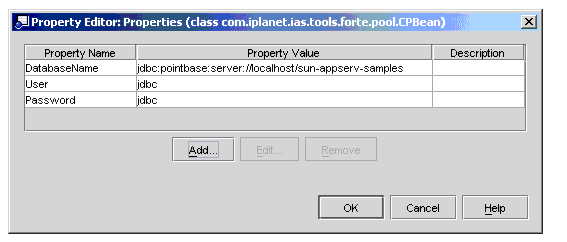 Property Editor:Properties dialog box for Property Name, Property Value, and Description fields
