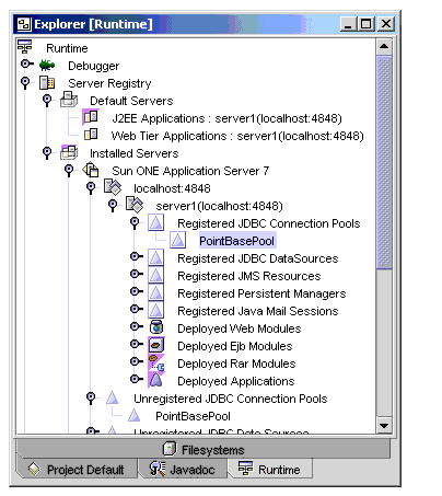 Runtime window showing PointBasePool under Registered JDBC Connection Pools node
