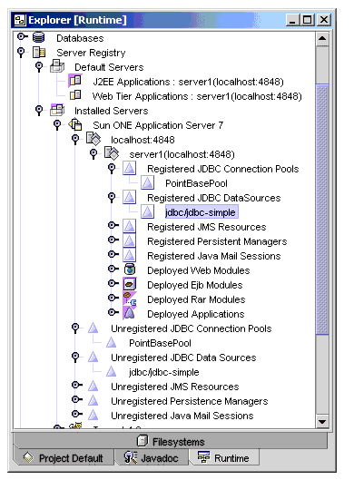 Runtime window with jdbc/jdbc-simple highlighted under the Registered JDBC DataSources node
