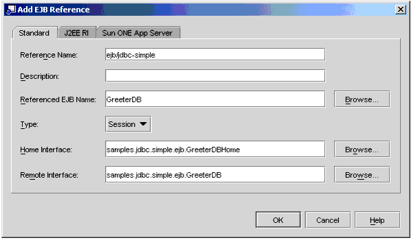 Add EJB Reference dialog box,  Standard tab
