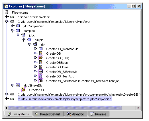 Screen shot of Filesystems window showing jbdbSimpleWeb  as a file node
