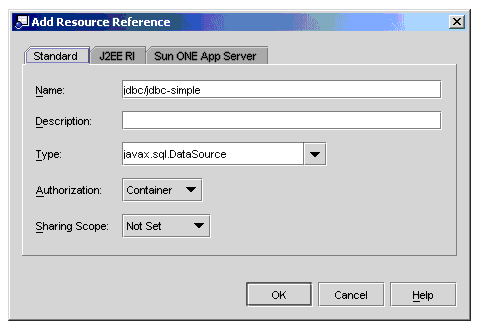 Screen shot of Add Resource Reference window, Standard tab, with Type set to javax.sqlDataSource
